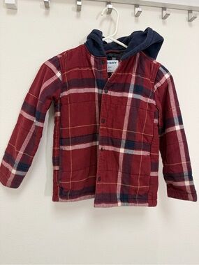 Old Navy Red Plaid Hooded Kids Jacket with Navy Hood